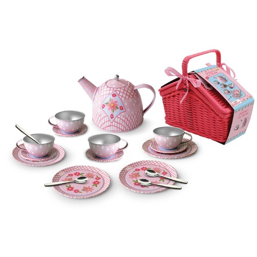 Floral Tea Tin Set In Picnic Basket - Pink