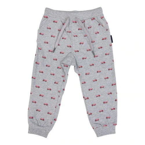 Fire Truck Printed Cotton Pant - Grey Marle
