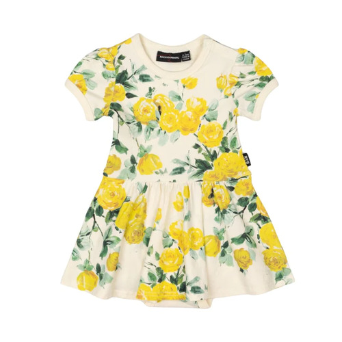Rock Your Baby Yellow Roses Baby Waisted Dress - Floral