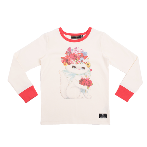 Floral Cat L/S T-Shirt - Oatmeal