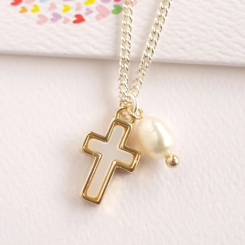 Mother Of Pearl Cross Necklace With Freshwater Pearl