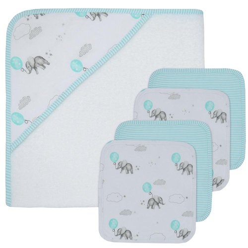 5 Piece Bath Gift Set - Elephant/Aqua Stripe