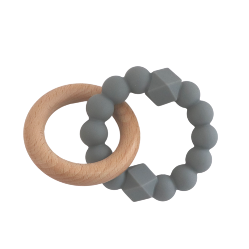 Silicone And Wooden Moon Teether - Grey
