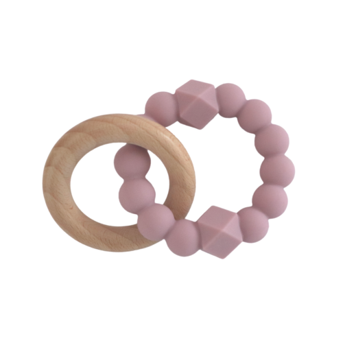 Silicone And Wooden Moon Teether - Mauve
