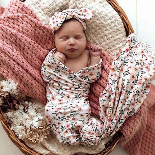 Baby Jersey Wrap & Topknot Set - Spring Floral