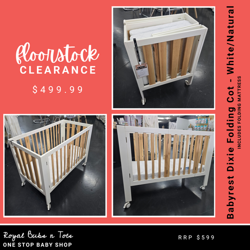 Babyrest Dixie Folding Cot + Mattress - White/Natural