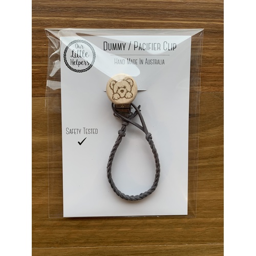 Faux Leather Dummy Clip - Cloud Grey With Bear