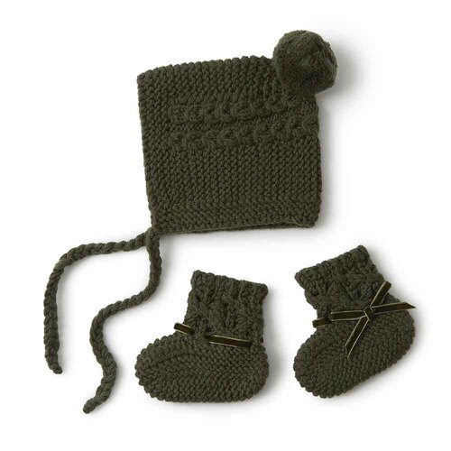 Merino Wool Bonnet And Booties Set - Olive