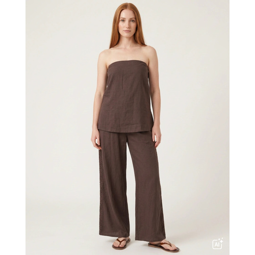 2 Piece Set | Lace Detail Bandeau and Pants | Brown