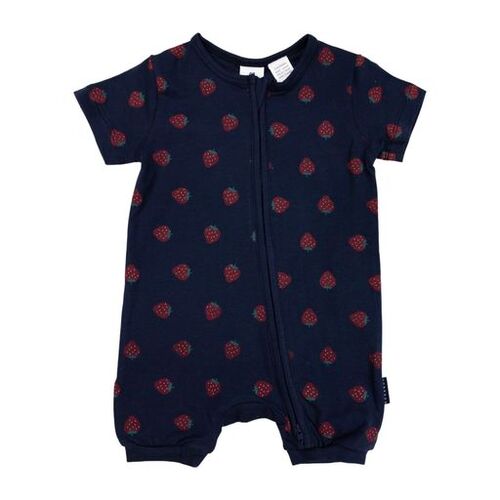 Strawberry Print Short Sleeve Romper - Navy