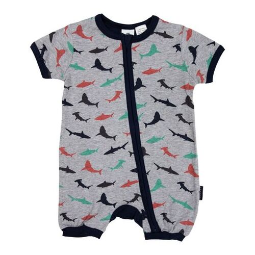 Shark Print Short Sleeve Romper - Grey Marle