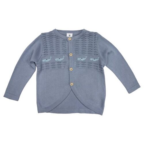 Whale Embroidered Cardigan - Dusty Blue