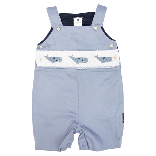 Whale Smocked Chambray Overall - Dusty Blue
