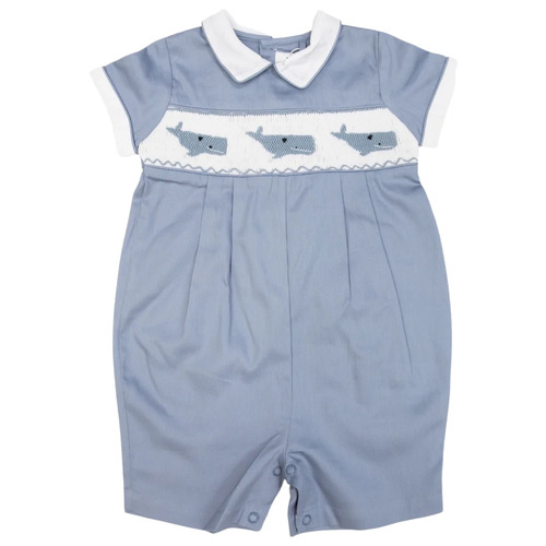 Whale Hand Embroidered + Smocked Romper - Dusty Blue