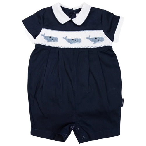 Whale Hand Embroidered + Smocked Romper - Navy