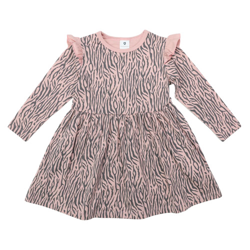 Tiger Stripe Cotton Frill Dress - Dusty Pink