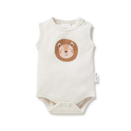 Lion Print Singlet Onesie - Natural