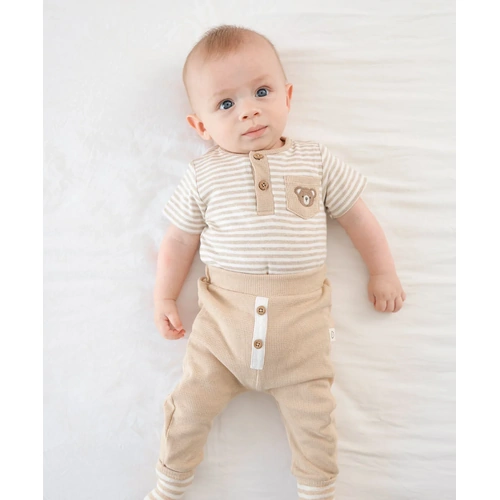 Bodysuit | Short Sleeve | Embroidered Bear + Oat Stripes