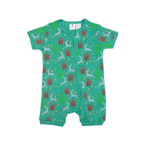 Xmas Short Sleeve Zip Romper - Green