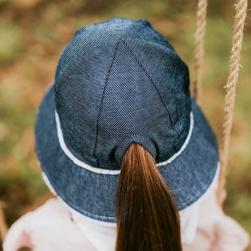 Ponytail Bucket Sun Hat I Denim Ruffle Trim
