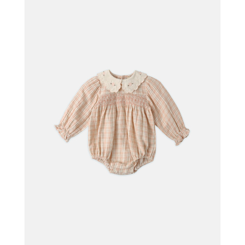 Romper | Embroidered and Smocked | Callie Plaid Pink