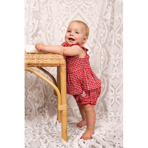 2 Piece Set | Top and Bloomers | Glimmer Red/White Gingham