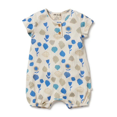 Organic Crinkle Henley Playsuit - Ocean Breeze