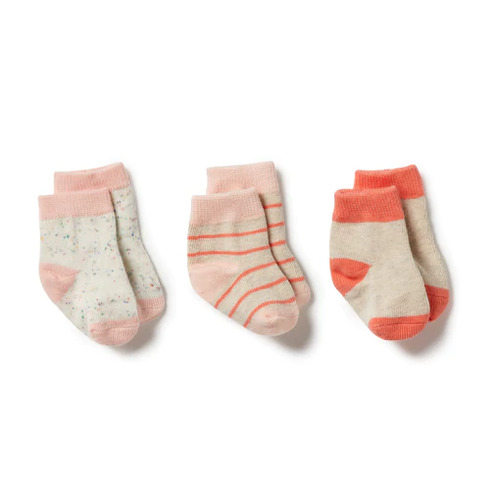 3 Pack Organic Baby Socks - Silver Peony/Oatmeal/Coral