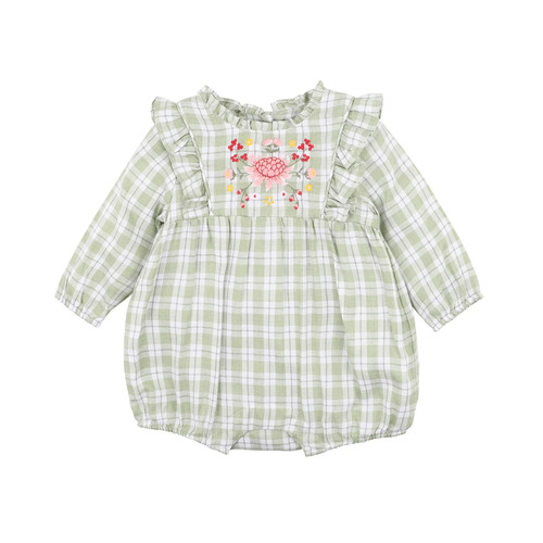 Faye Emb Check Romper - Sage Green