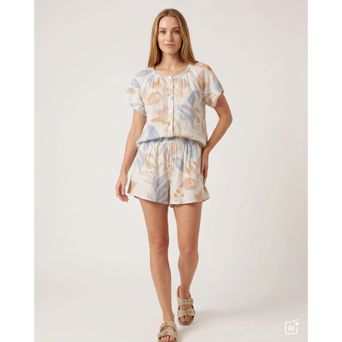 2 Piece Set | Floral Button Short | White / Pink