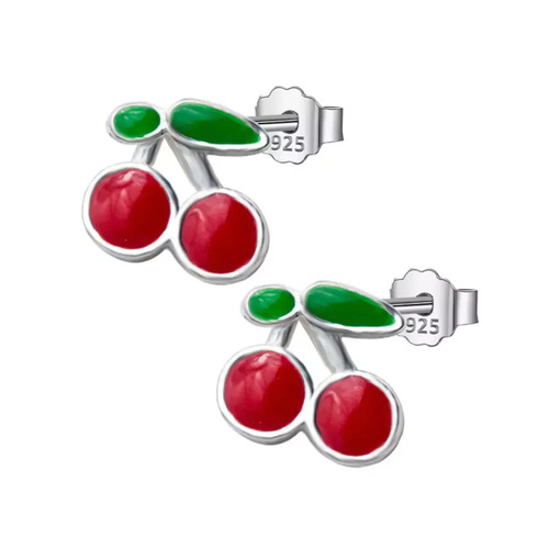 Sterling Silver Petite Enamel Cherries Stud Earrings