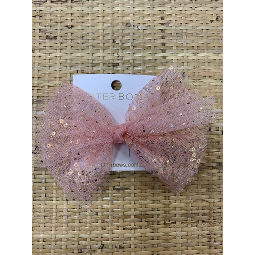 Tulle Glitter Bow Clip - Pink