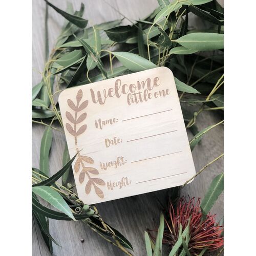 Wooden "WELCOME LITTLE ONE' Birth Announcement Disc - Boho