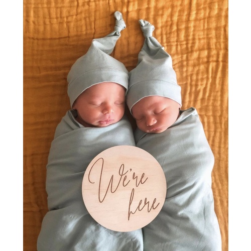 Wooden “WE"RE HERE” Birth Announcement Disc